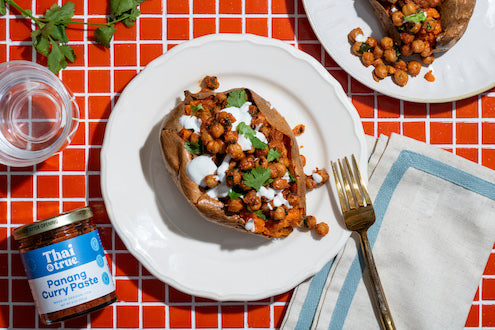 Curried Chickpea Stuffed Sweet Potatoes (V)