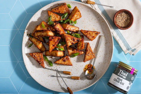 Fried Tofu with Hot Chili Oil Drizzle