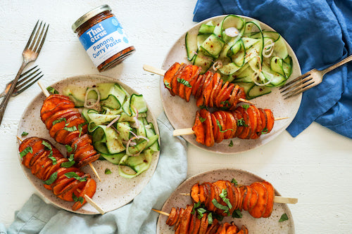 Curried Sweet Potato Skewers with Cucumber Salad (V)